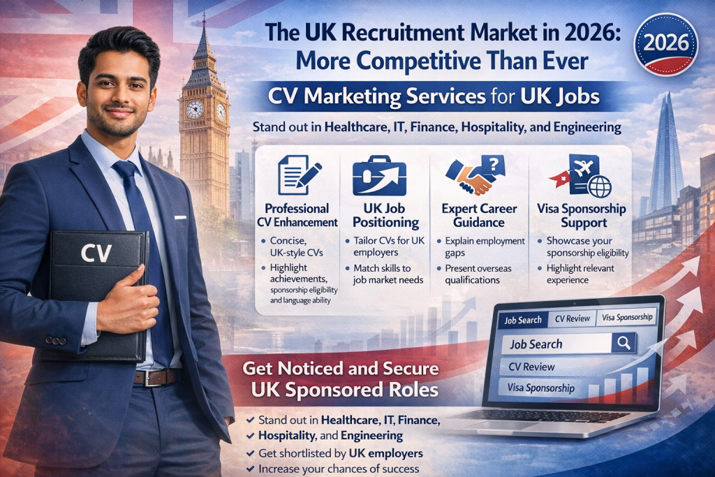 CV Marketing Services for UK Jobs” blog thumbnail showing a smiling young Indian businesswoman in a navy suit holding a CV folder, standing in front of a London skyline with Big Ben and modern office buildings. The right side features the title “CV Marketing Services for UK Jobs,” subtitle “UK Sponsored Jobs for Indian Professionals,” career-related icons, a laptop displaying Job Search, CV Review, and Visa Sponsorship, upward growth arrows, and a 2026 badge.
