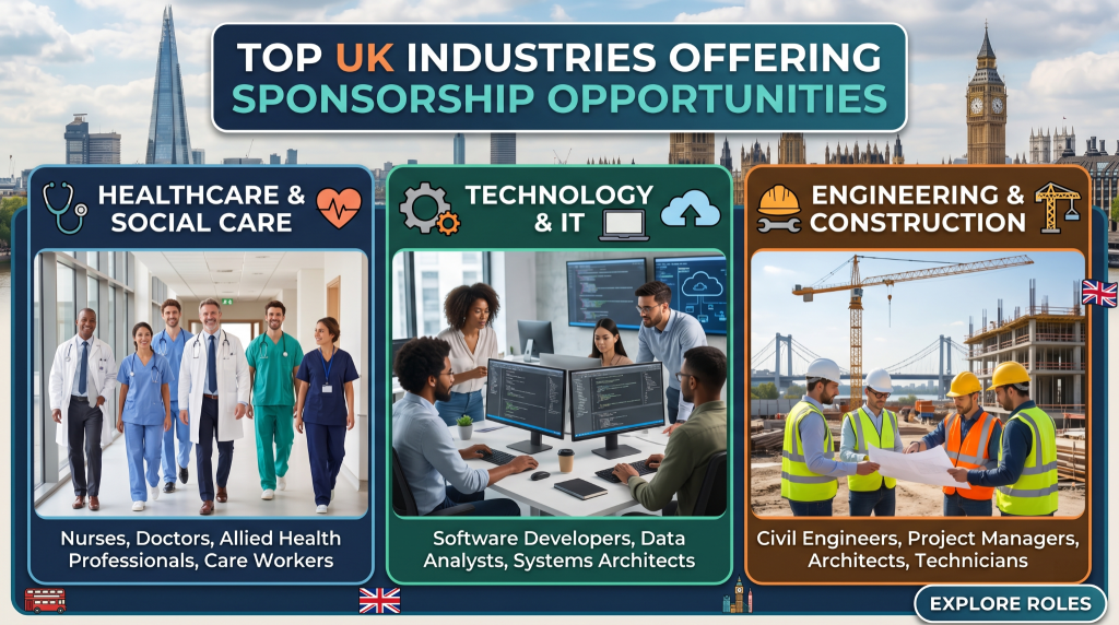 An infographic titled'TOP UK INDUSTRIES OFFERING SPONSORSHIP OPPORTUNITIES' featuring three panels: Healthcare & Social Care, Technology & IT, and Engineering & Construction. Each panel includes industry icons and professional photos of teams in medical, office, and construction settings against a London skyline.