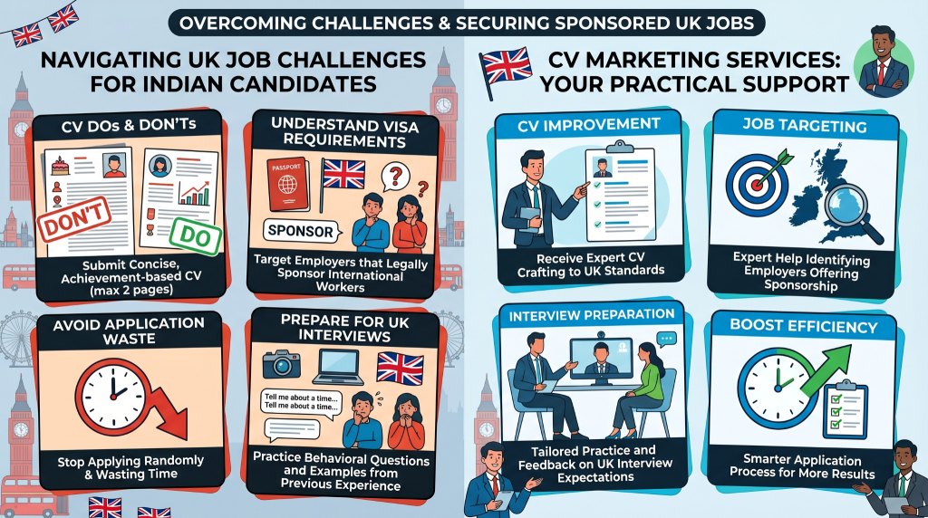 A detailed infographic titled'OVERCOMING CHALLENGES & SECURING SPONSORED UK JOBS,' designed for Indian candidates. The image is split into two main vertical sections. The left side, titled'NAVIGATING UK JOB CHALLENGES FOR INDIAN CANDIDATES,' uses four illustrative boxes to highlight common pitfalls:'CV DOs & DON’Ts' (contrasting a long, cluttered CV with a concise one),'UNDERSTAND VISA REQUIREMENTS' (showing the need to target legal sponsors),'AVOID APPLICATION WASTE' (represented by a clock and a downward arrow), and'PREPARE FOR UK INTERVIEWS' (illustrating behavioral question practice). The right side, titled'CV MARKETING SERVICES: YOUR PRACTICAL SUPPORT,' offers solutions through four teal-colored boxes:'CV IMPROVEMENT' (expert crafting),'JOB TARGETING' (identifying sponsoring employers using a magnifying glass over a UK map),'INTERVIEW PREPARATION' (showing a mock video interview), and'BOOST EFFICIENCY' (a clock with an upward green arrow). The background features light blue tones with subtle illustrations of London landmarks like Big Ben and the London Eye, complemented by Union Jack icons and professional characters, creating an educational and supportive visual guide.