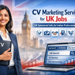 Professional blog thumbnail showing an Indian woman in business attire holding a CV folder, with London landmarks in the background and the text “CV Marketing Services for UK Jobs.” The image highlights UK sponsored jobs for Indian professionals in 2026, featuring icons for CV writing, job search, interview support, and visa sponsorship beside a laptop screen displaying job search and CV review services.