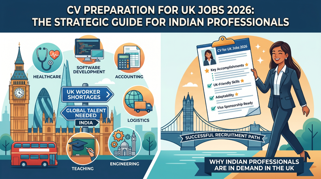A vibrant, illustrative infographic banner titled "CV PREPARATION FOR UK JOBS 2026: THE STRATEGIC GUIDE FOR INDIAN PROFESSIONALS." The image is split, with the left side highlighting UK industries in high demand (Healthcare, Software Development, Accounting, Logistics, Teaching, Engineering) against stylized London landmarks. Road signs point to "UK Worker Shortages," "Global Talent Needed," and "India." The right side features a smiling Indian professional woman in a suit walking towards London, holding a large CV clipboard detailing "Key Accomplishments," "UK-Friendly Skills," "Adaptability," and "Visa Sponsorship Ready." She crosses a bridge labeled "Successful Recruitment Path." A bottom banner reads: "WHY INDIAN PROFESSIONALS ARE IN DEMAND IN THE UK." The style is clean, modern, and professional, using a bright palette of blues, oranges, and yellows.
