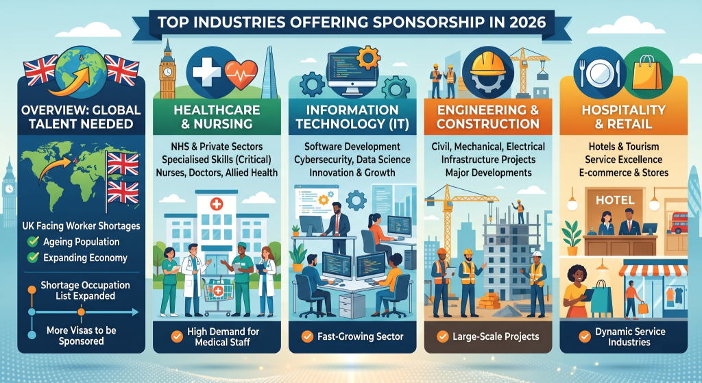 A vibrant, five-column infographic detailing'Top Industries Offering Sponsorship in 2026'. An initial panel on a dark blue background covers the global talent need in the UK, highlighting shortages, the expanded occupation list, and increased visa sponsorship. Four main industry panels with clear icons, illustrations, and descriptive text follow:'Healthcare & Nursing','Information Technology (IT)','Engineering & Construction', and'Hospitality & Retail', each showing specific roles, areas, and key demand points (e.g.,'High Demand','Fast-Growing','Large-Scale Projects','Dynamic Service'). The illustrations are modern, featuring diverse professionals and relevant settings against a light blue, cloudy backdrop, with background elements like UK flags and a simplified London skyline.