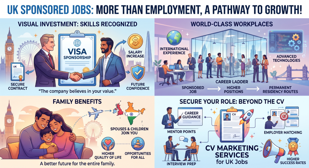A vibrant four-panel infographic illustrating the benefits and process of securing sponsored jobs in the UK. The top-left panel, "VISUAL INVESTMENT: SKILLS RECOGNIZED," shows a handshake over a "VISA SPONSORSHIP" document, linking to "SALARY INCREASE," "FUTURE CONFIDENCE," and a "SECURE CONTRACT." The top-right panel, "WORLD-CLASS WORKPLACES," features an office with icons for "INTERNATIONAL EXPERIENCE" and "ADVANCED TECHNOLOGIES," with a "CAREER LADDER" leading from "SPONSORED JOB" to "HIGHER POSITIONS" and "PERMANENT RESIDENCY ROUTES." The bottom-left panel, "FAMILY BENEFITS," displays a diverse family with icons for "SPOUSES & CHILDREN JOIN YOU," "HIGHER QUALITY OF LIFE," and "OPPORTUNITIES FOR ALL." The bottom-right panel, "SECURE YOUR ROLE: BEYOND THE CV," shows icons and scenarios for "CAREER GUIDANCE," "MENTOR POINTS," "INTERVIEW PREP," "CV MARKETING SERVICES for UK Jobs," "EMPLOYER MATCHING," and "HIGHER SUCCESS RATES." The overall title reads "UK SPONSORED JOBS: MORE THAN EMPLOYMENT, A PATHWAY TO GROWTH!" The design is modern, professional, and full of connected elements and icons against a light, patterned background.