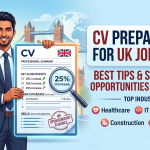A professional, vibrant blog thumbnail titled "CV PREPARATION FOR UK JOBS 2026: BEST TIPS & SPONSORED OPPORTUNITIES FOR INDIANS." On the left, a smiling Indian professional in a sharp navy suit stands before iconic London landmarks like Big Ben and a red double-decker bus. He holds a large, glow-edged CV document featuring a British flag, a "UK SPONSORSHIP ELIGIBLE" stamp, and a magnifying glass highlighting a "25% Increase" achievement. The right side lists "TOP INDUSTRIES" with clean icons for Healthcare, IT, Engineering, Construction, and Hospitality. The design is modern and optimistic, using a bright palette of blue, red, and white.