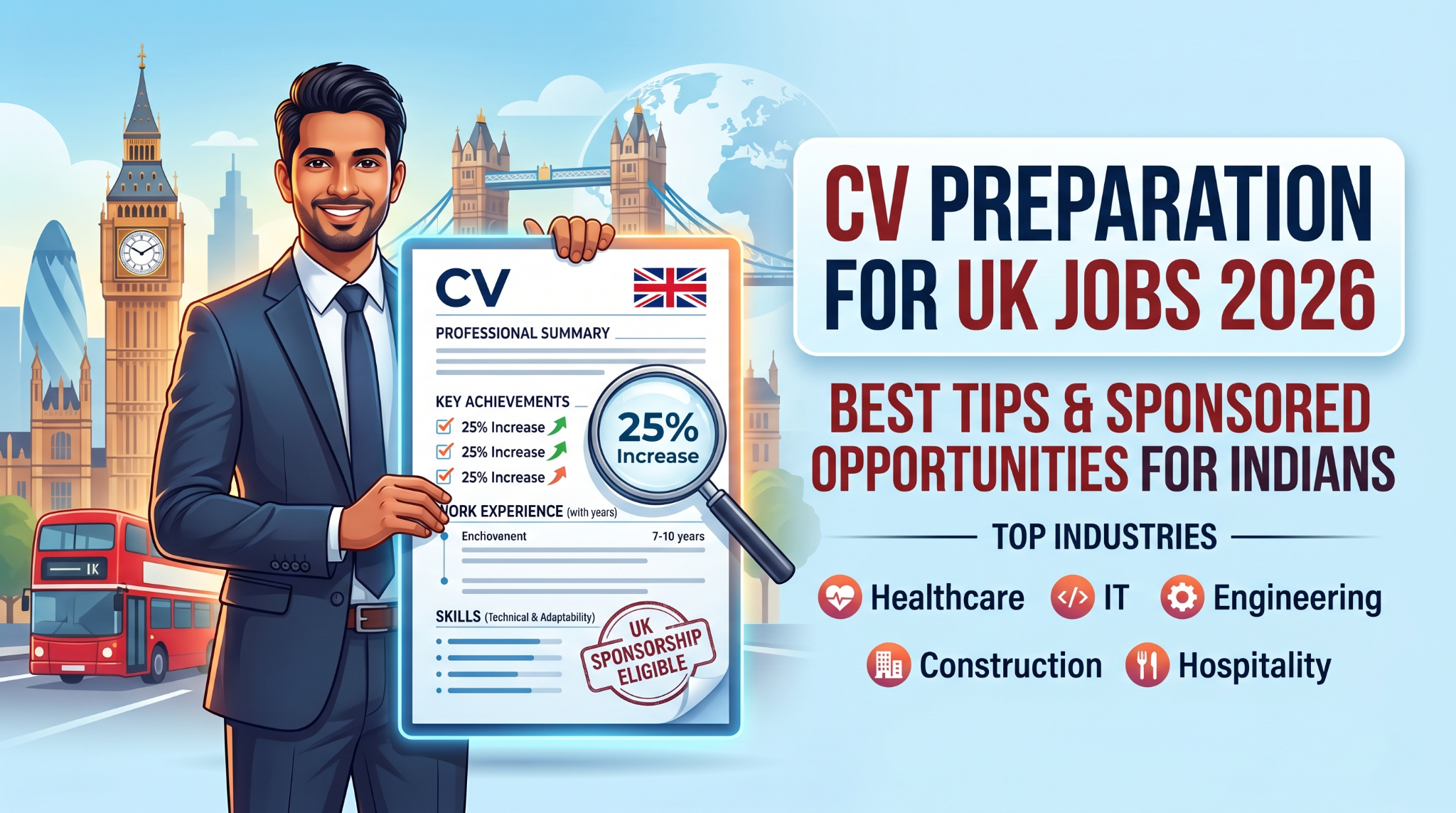 A professional, vibrant blog thumbnail titled "CV PREPARATION FOR UK JOBS 2026: BEST TIPS & SPONSORED OPPORTUNITIES FOR INDIANS." On the left, a smiling Indian professional in a sharp navy suit stands before iconic London landmarks like Big Ben and a red double-decker bus. He holds a large, glow-edged CV document featuring a British flag, a "UK SPONSORSHIP ELIGIBLE" stamp, and a magnifying glass highlighting a "25% Increase" achievement. The right side lists "TOP INDUSTRIES" with clean icons for Healthcare, IT, Engineering, Construction, and Hospitality. The design is modern and optimistic, using a bright palette of blue, red, and white.