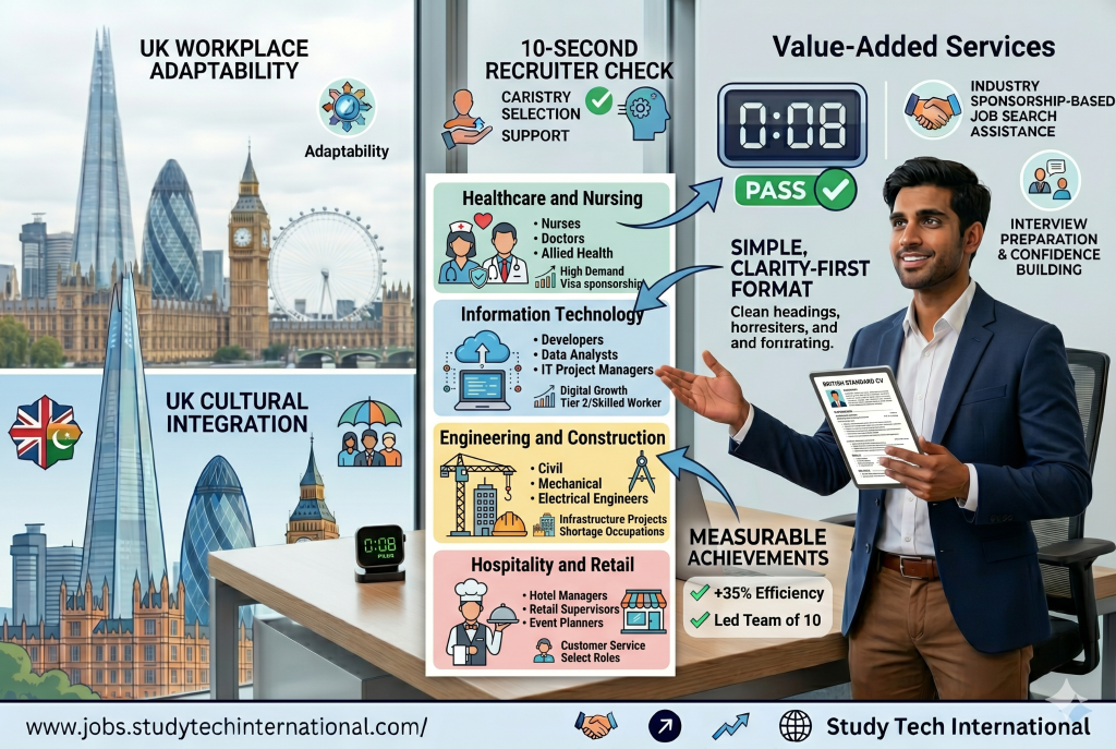 Infographic showing top UK sponsorship industries—Healthcare, IT, Engineering, and Hospitality—presented by a professional consultant with London landmarks and career services.