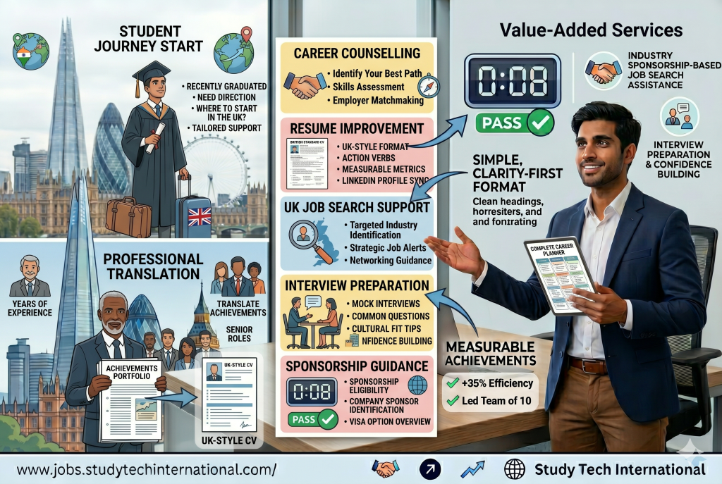 Infographic illustrating Study Tech International's career services: counseling, resume improvement, UK job search support, and interview prep for students and professionals.