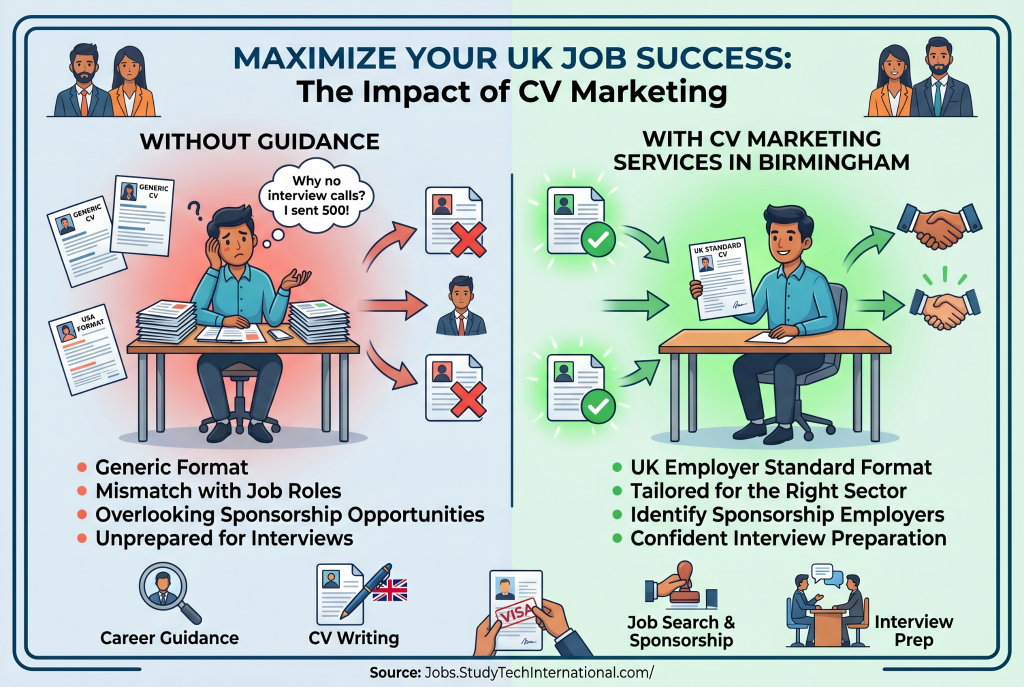 A comparative infographic titled "Maximize Your UK Job Success: The Impact of CV Marketing." The left side shows a frustrated job seeker with generic resumes receiving rejections. The right side shows a confident professional using "CV Marketing Services in Birmingham" with a tailored UK-standard CV leading to successful handshakes. Below, icons represent career guidance, CV writing, sponsorship support, and interview prep, highlighting the transition from mismatched applications to high-success, tailored profiles for Indian professionals.