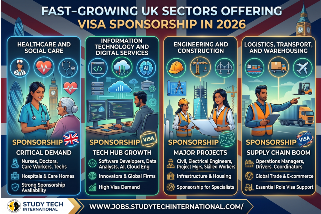 An informative infographic showcasing "Fast-Growing UK Sectors Offering Visa Sponsorship in 2026." The image is divided into four vertical panels representing Healthcare and Social Care, Information Technology and Digital Services, Engineering and Construction, and Logistics, Transport, and Warehousing. Each panel features professional Indian workers, industry-specific icons (like AI, cranes, and stethoscopes), and bullet points about sponsorship demand. The Study Tech International logo and website are displayed at the bottom against a subtle UK flag background.