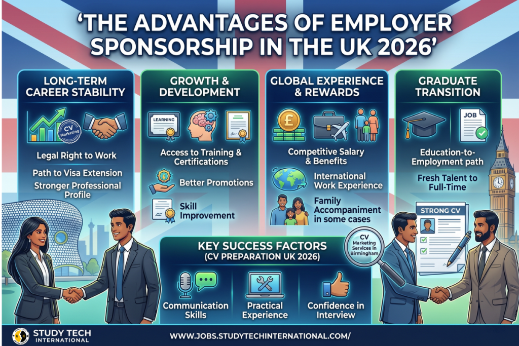 An infographic titled "The Advantages of Employer Sponsorship in the UK 2026." It features four main columns: Long-term Career Stability, Growth & Development, Global Experience & Rewards, and Graduate Transition. Icons and text highlight key benefits like the legal right to work, training certifications, competitive salaries, family accompaniment, and the path from education to full-time employment. A bottom section emphasizes key success factors such as communication skills and practical experience, with Indian professionals in business attire shaking hands in a professional setting.