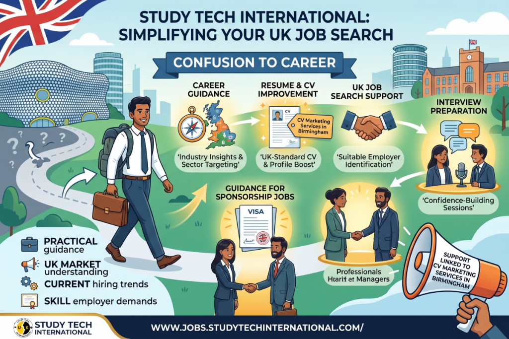 A comparative infographic illustrating Study Tech International's role in guiding Indian applicants from "Confusion to Career" in the UK job market. The image features a winding path transitioning from confusion (question marks) to professional success against a Birmingham city skyline. Key service stations with icons are highlighted, including Career Guidance, Resume & CV Improvement, UK Job Search Support, Guidance for Sponsorship Jobs, and Interview Preparation. Indian professionals and students are shown progressing from uncertainty to confident employment. The Study Tech International logo and website are displayed at the bottom.