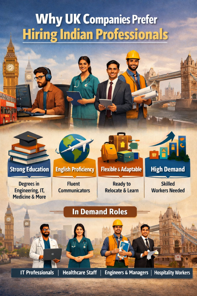Infographic showing why UK companies hire Indian professionals, featuring Indian workers in IT, healthcare, business, and construction alongside Big Ben and the Taj Mahal.