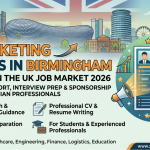 Professional blog thumbnail for "CV Marketing Services in Birmingham" featuring the Birmingham skyline (including the Bullring and Old Joe clock tower). The image includes text highlighting UK job search support, sponsorship guidance for Indian professionals in 2026, and icons for interview prep and CV writing, with the Study Tech International logo in the corner.