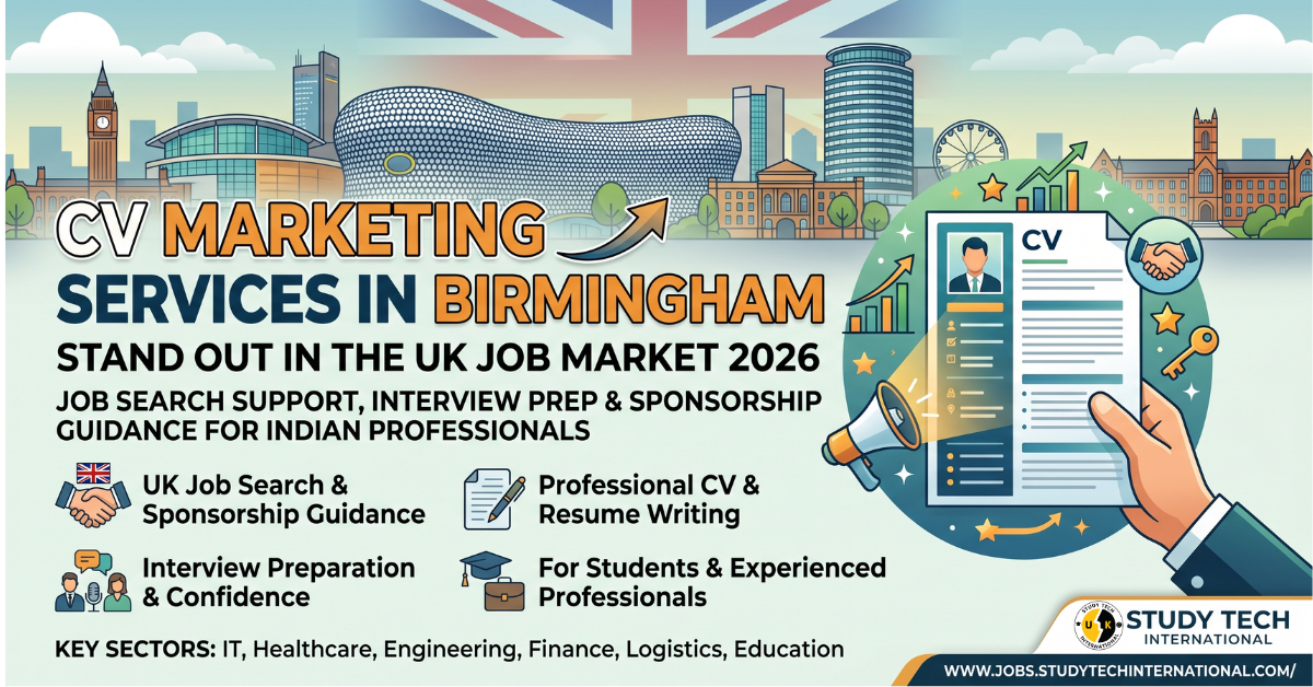 Professional blog thumbnail for "CV Marketing Services in Birmingham" featuring the Birmingham skyline (including the Bullring and Old Joe clock tower). The image includes text highlighting UK job search support, sponsorship guidance for Indian professionals in 2026, and icons for interview prep and CV writing, with the Study Tech International logo in the corner.
