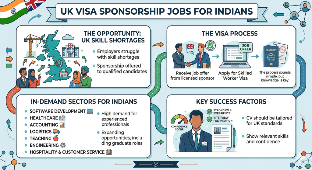 n infographic titled "UK VISA SPONSORSHIP JOBS FOR INDIANS" that uses four distinct panels to explain the career journey. Top Left: "THE OPPORTUNITY" panel shows a map of the UK with icons for hospitals and construction, noting that employers are offering sponsorship due to skill shortages. Top Right: "THE VISA PROCESS" panel illustrates a handshake between a candidate and an employer, followed by a laptop showing a "JOB OFFER" and a passport with a visa stamp. Bottom Left: "IN-DEMAND SECTORS" lists industries like Software Development, Healthcare, and Engineering with accompanying icons. Bottom Right: "KEY SUCCESS FACTORS" features a professional candidate next to a "Confidence Score" meter, emphasizing the importance of a tailored CV and interview preparation.