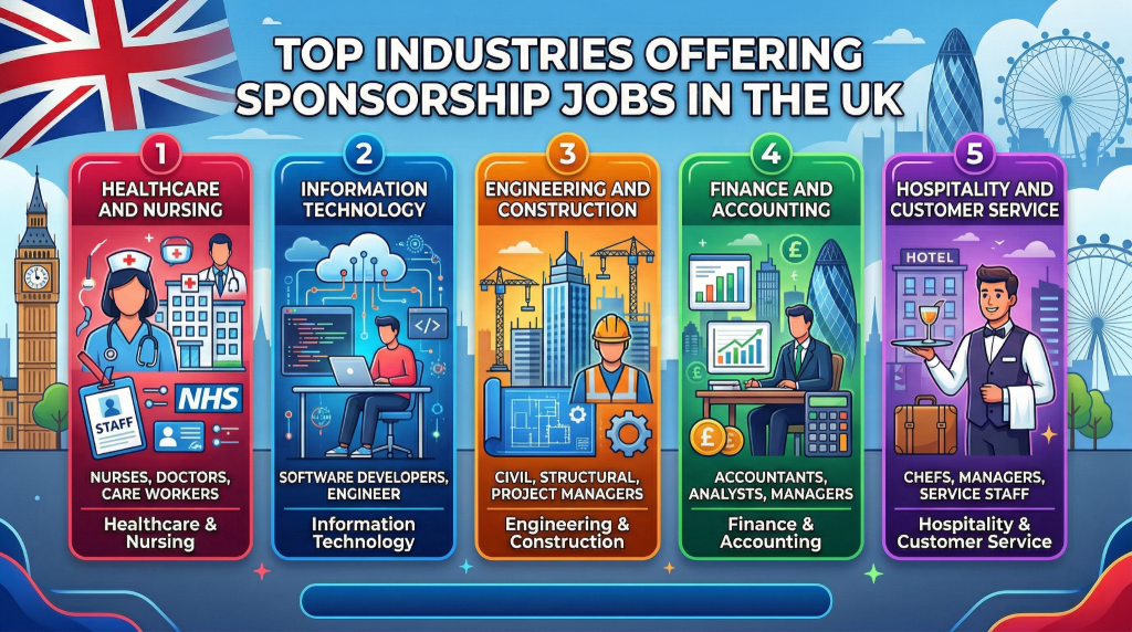 An infographic illustrating top industries offering sponsorship jobs in the UK, featuring columns for healthcare, IT, engineering, finance, and hospitality, each with relevant icons and text descriptions. The background shows iconic London landmarks like Big Ben and the Gherkin building, with the Union Jack flag in the top left corner.