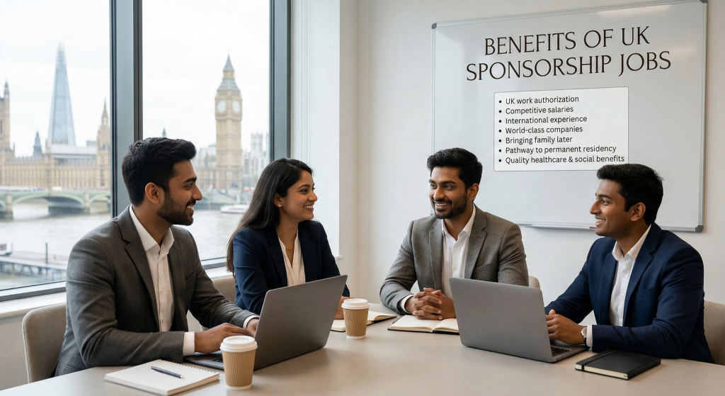 A professional group of four South Asian professionals sitting in a bright, modern office with a view of the London skyline, including Big Ben and the Shard. On a whiteboard next to them, a clean list titled "Benefits of UK Sponsorship Jobs" highlights key points like work authorization, competitive salaries, and family benefits. The setting is natural and collaborative, conveying a sense of career growth and success.