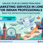 vvA professional blog thumbnail for Study Tech International titled "CV Marketing Services in London for Indian Professionals." The image features a confident Indian male professional in a business suit holding a tablet, set against a stylized London skyline including the Shard and Big Ben. Infographic elements highlight key services like "Sponsorship Jobs," "UK-Style CV & LinkedIn," and "Interview Prep," with the website URL and company branding clearly displayed at the bottom.