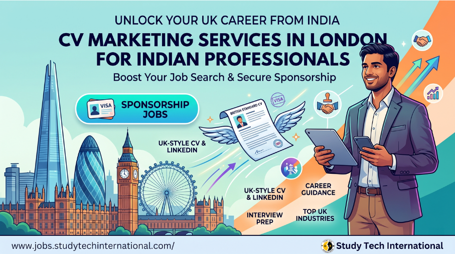 vvA professional blog thumbnail for Study Tech International titled "CV Marketing Services in London for Indian Professionals." The image features a confident Indian male professional in a business suit holding a tablet, set against a stylized London skyline including the Shard and Big Ben. Infographic elements highlight key services like "Sponsorship Jobs," "UK-Style CV & LinkedIn," and "Interview Prep," with the website URL and company branding clearly displayed at the bottom.