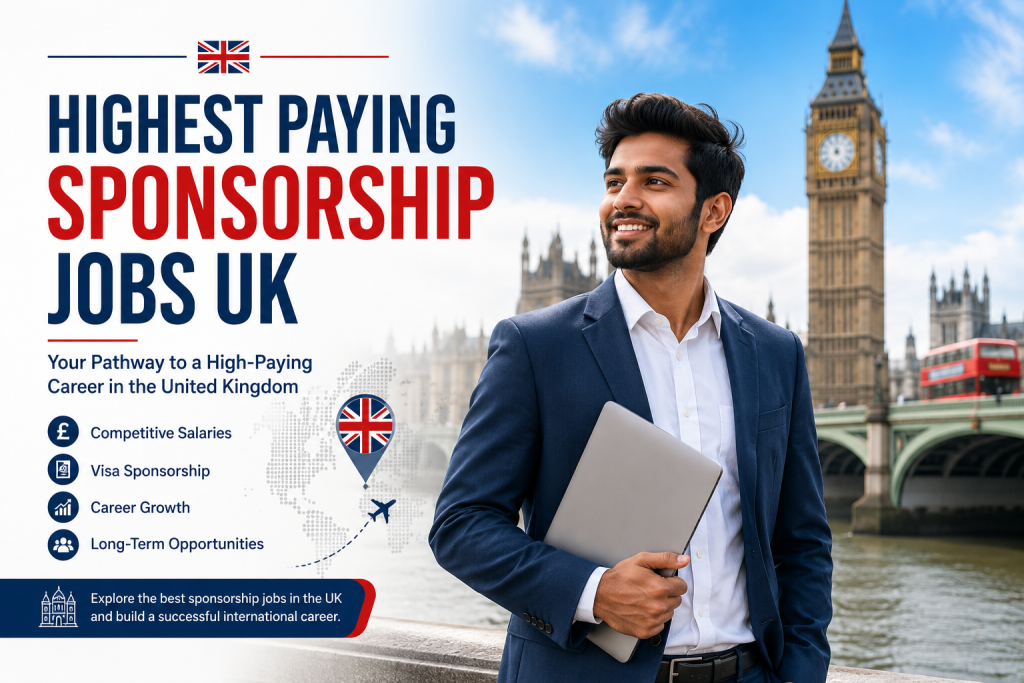A confident young Indian professional holding a laptop stands by the River Thames in London with Big Ben in the background, alongside bold text highlighting “Highest Paying Sponsorship Jobs UK” and key benefits like competitive salaries, visa sponsorship, career growth, and long-term opportunities in a clean red, blue, and white corporate design.