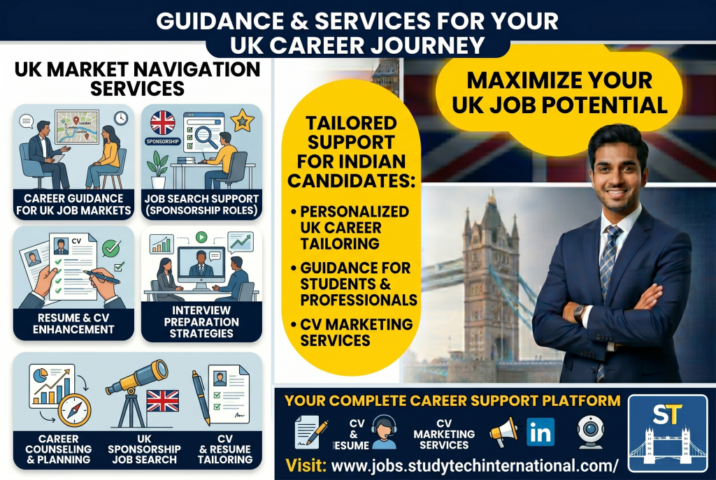 An infographic titled "EXPLORING GROWTH SECTORS FOR HIGH-PAYING UK SPONSORSHIP JOBS" featuring illustrated panels for Technology & IT, Healthcare, and Engineering & Construction. A central yellow panel lists sector demand drivers like AI, cloud computing, and infrastructure development, while a professional Indian man is pictured on the right against a London backdrop. The footer promotes Study Tech International’s career support services and website.