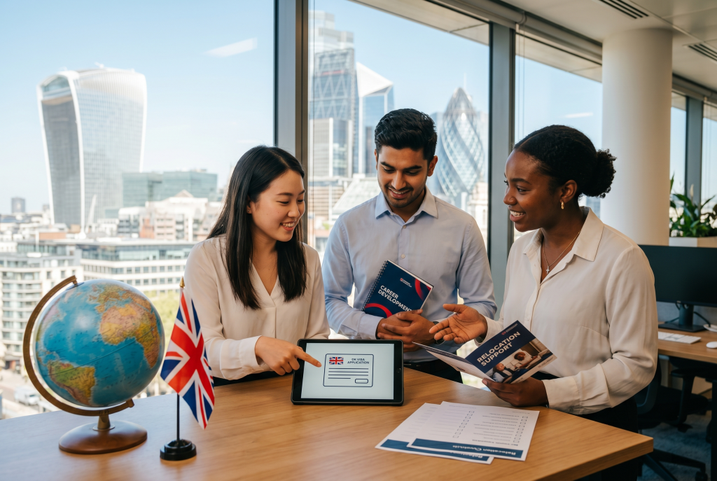 A diverse group of three young professionals stands around a wooden desk in a modern London office, looking at a tablet displaying a visa application. The background features a panoramic view of the London skyline, including iconic landmarks like the Gherkin and the Walkie Talkie building. On the desk, there is a small Union Jack flag, a globe, and printed materials regarding relocation and career development.