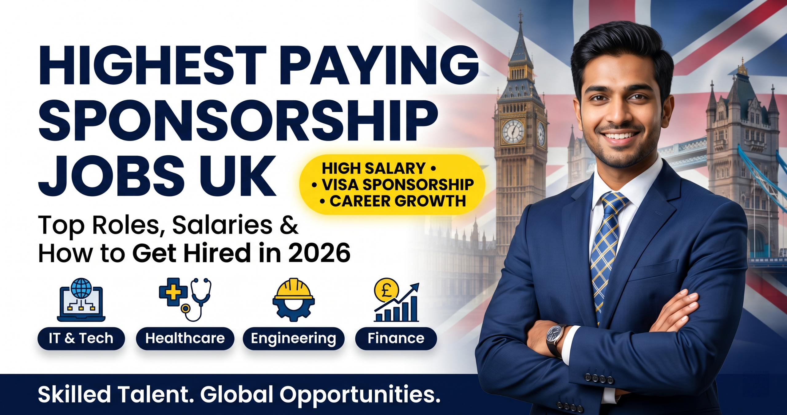 Highest paying sponsorship jobs in the UK featuring Indian professional with London background, highlighting visa sponsorship, high salary roles in IT, healthcare, engineering, and finance