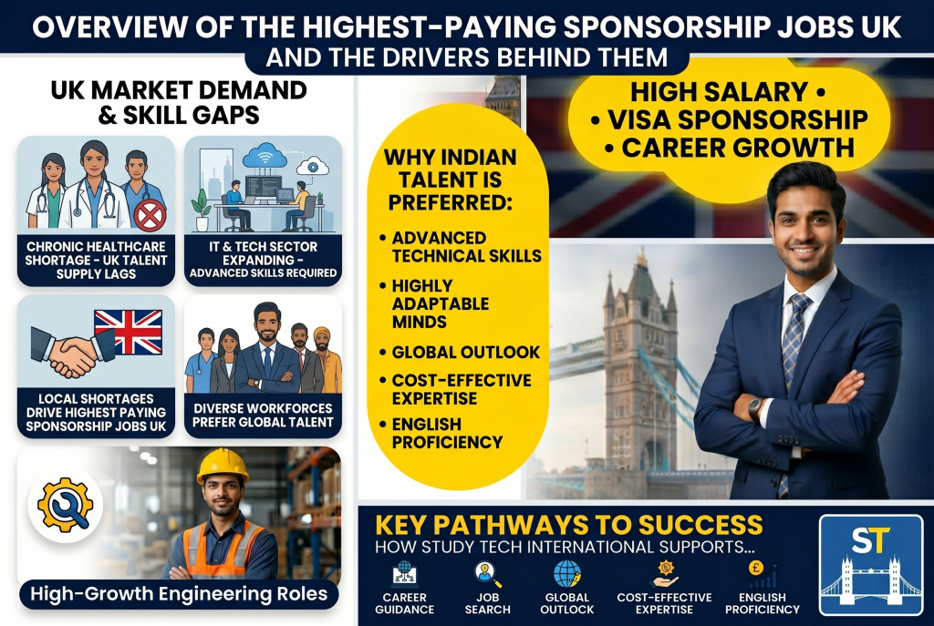 An infographic titled "Overview of the Highest-Paying Sponsorship Jobs UK," featuring a professional Indian man in a suit against a London backdrop. It highlights UK market demand in healthcare, tech, and engineering, while listing why Indian talent is preferred and how Study Tech International supports the career journey.