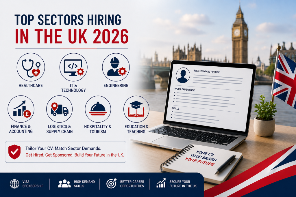 Minimal blog image showing laptop with CV and UK skyline representing first impression, ATS optimized and tailored CV for UK jobs