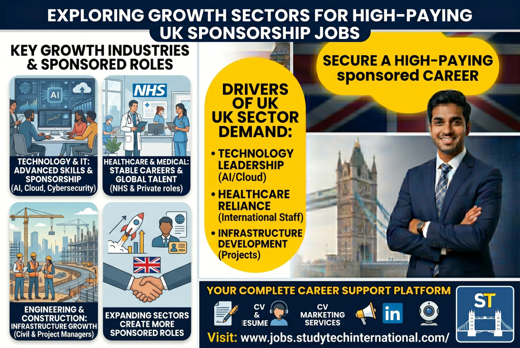 An infographic titled "GUIDANCE & SERVICES FOR YOUR UK CAREER JOURNEY" featuring a professional Indian man alongside illustrations of career services like CV enhancement and interview prep. A central yellow panel highlights tailored support for Indian candidates, while the bottom footer provides the Study Tech International website for job search and sponsorship support.
