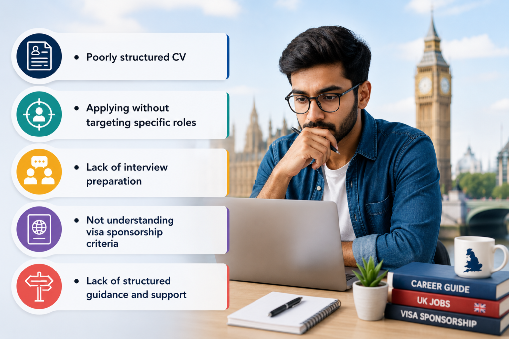 Minimal infographic showing key challenges faced by Indian candidates applying for UK jobs with visa sponsorship, including poor CV structure, generic applications, lack of interview preparation, and limited understanding of visa criteria, with a professional workspace and UK background visuals.