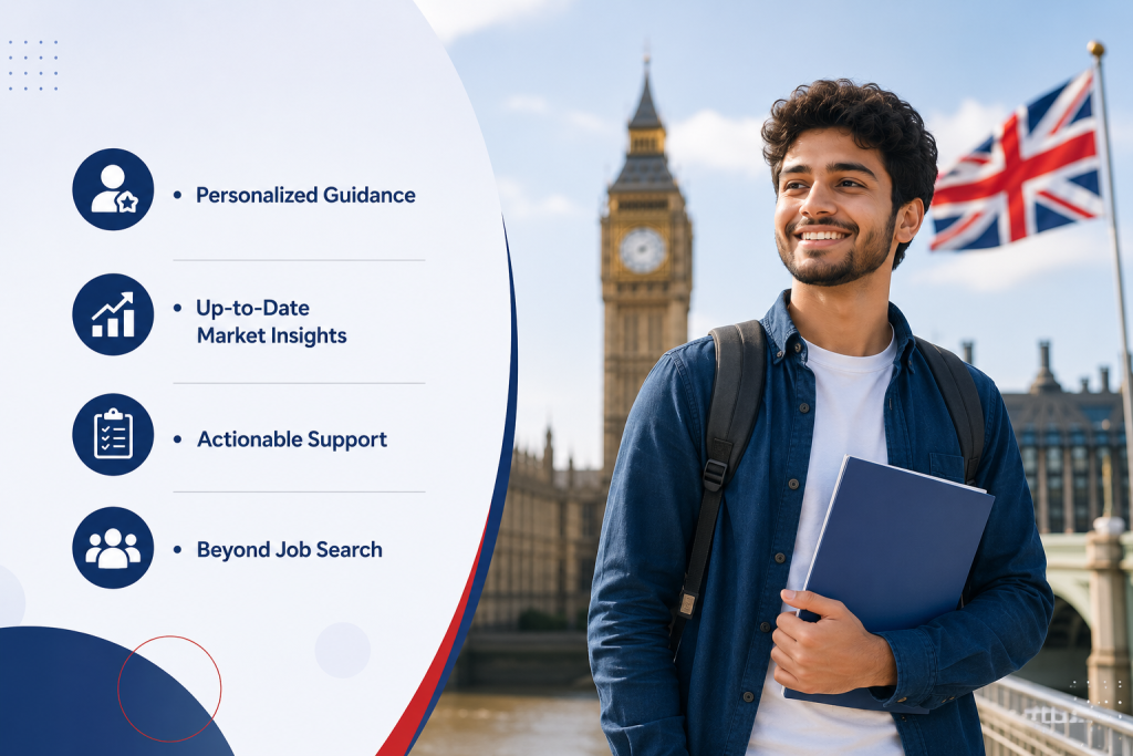 International student smiling and holding a folder, standing in front of Big Ben and a UK flag, with a clean modern layout on the left showing bullet points for personalized guidance, market insights, actionable support, and career development services.