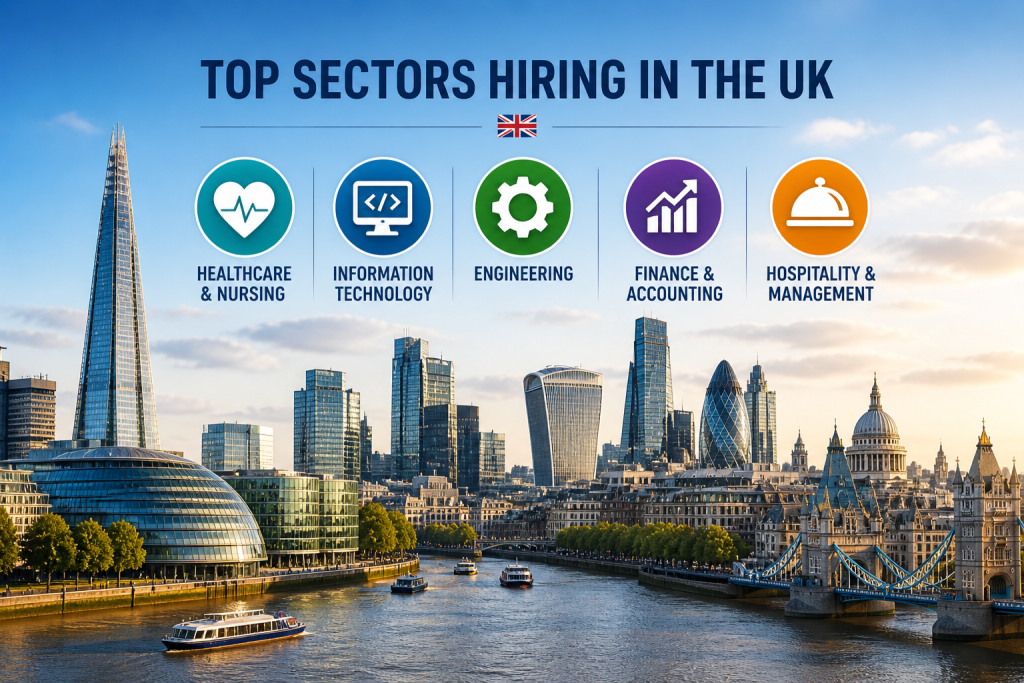 Top sectors hiring in the UK infographic showing healthcare, IT, engineering, finance, and hospitality industries over a London skyline with Thames river and landmarks
