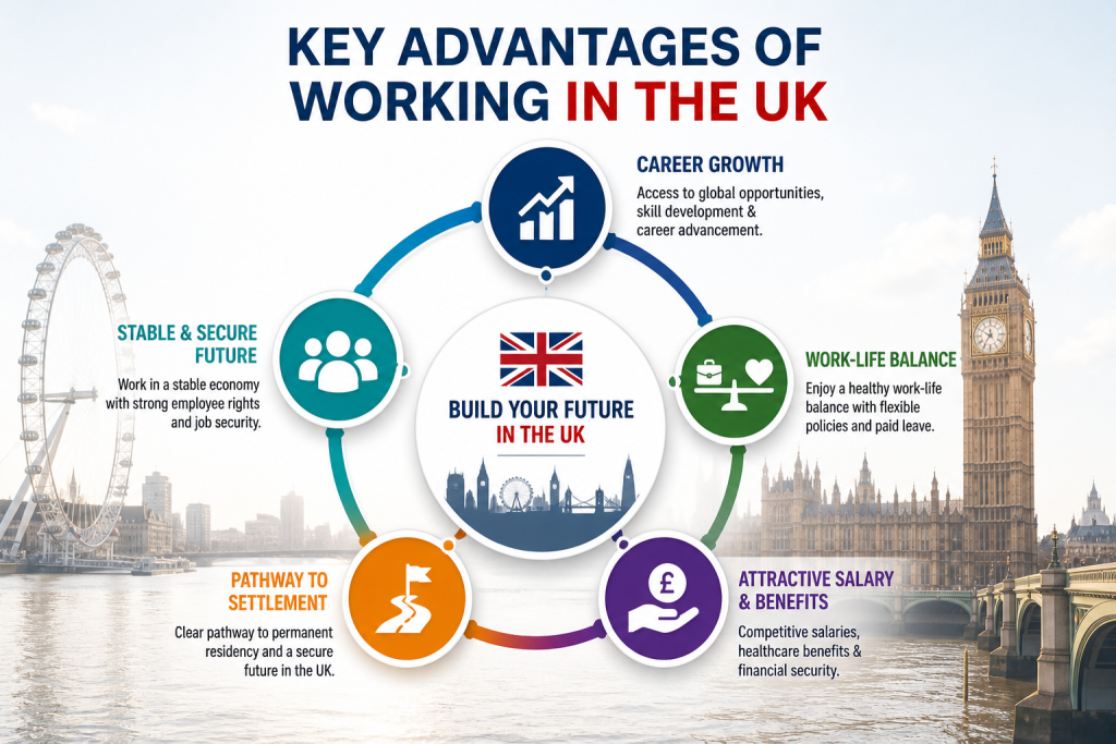 Key advantages of working in the UK infographic showing career growth, work-life balance, salary benefits, and settlement pathway with London landmarks in the background