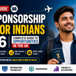 Complete guide to visa sponsorship jobs for Indians 2026 featuring a young professional holding a passport with London Big Ben and UK flag, highlighting UK job opportunities, top hiring sectors, and career growth benefits