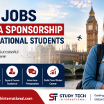 UK jobs with visa sponsorship blog thumbnail featuring a smiling international student holding books in front of Big Ben and the London skyline, with bold text highlighting career opportunities, visa support, and global career growth in the UK.
