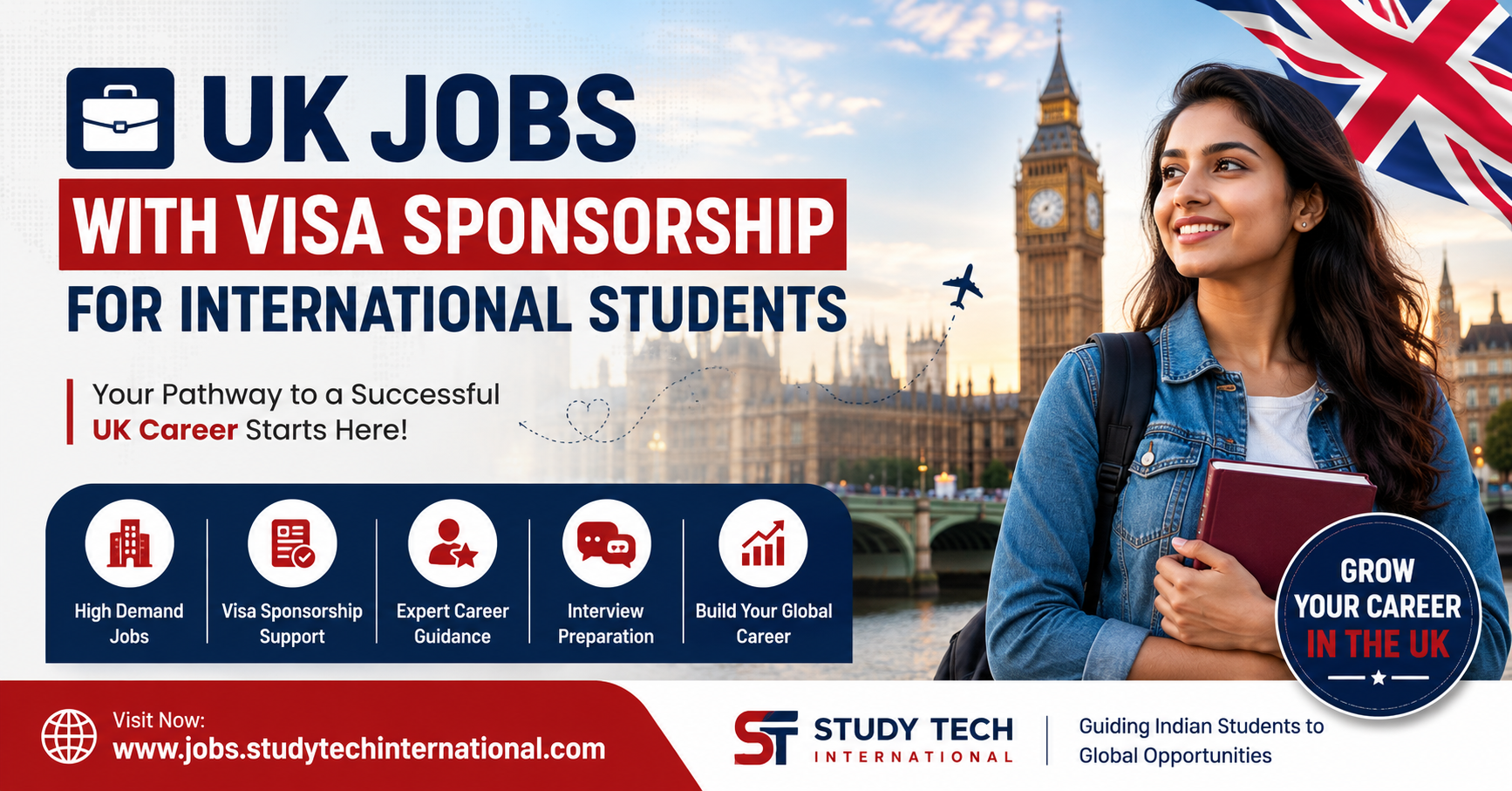 UK jobs with visa sponsorship blog thumbnail featuring a smiling international student holding books in front of Big Ben and the London skyline, with bold text highlighting career opportunities, visa support, and global career growth in the UK.