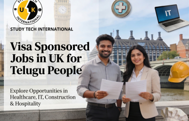Alt text: A professional blog banner showing a Telugu man and woman in business-casual clothing standing confidently with resumes in front of the London skyline, including Big Ben and modern office buildings. Career symbols for healthcare, IT, construction, and hospitality appear subtly in the background, with open space on the left for the article title “Visa Sponsored Jobs in UK for Telugu People.