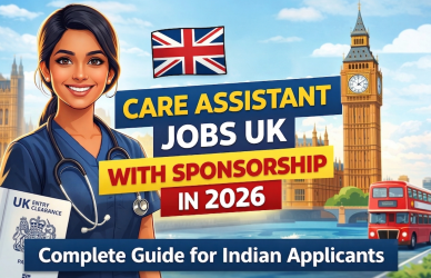 A smiling Indian female care assistant wearing blue medical scrubs and a stethoscope stands in front of Big Ben and a red London bus, with UK and Indian flags above her. Large bold text reads “Care Assistant Jobs UK With Sponsorship in 2026” and “Complete Guide for Indian Applicants.”