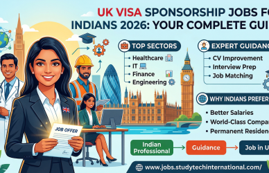 A vibrant blog thumbnail titled "UK VISA SPONSORSHIP JOBS FOR INDIANS 2026: YOUR COMPLETE GUIDE." The image features several South Asian professionals in the foreground, including a woman in a business suit holding a "JOB OFFER" document, a male doctor, and an engineer in a hard hat. The background showcases a stunning illustration of the London skyline, including the Houses of Parliament, Big Ben, and the Gherkin. The thumbnail is organized with clear bulleted sections: Top Sectors: Healthcare, IT, Finance, and Engineering. Expert Guidance: CV Improvement, Interview Prep, and Job Matching. Why Indians Prefer UK: Better Salaries, World-Class Companies, and Permanent Residency. A simple flow chart at the bottom illustrates the journey: Indian Professional → Guidance → Job in UK, alongside the website URL for Study Tech International.