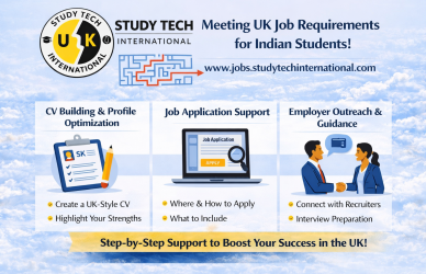 UK job requirements for Indian students guide by Study Tech International showing CV optimization, job application process, and employer outreach support