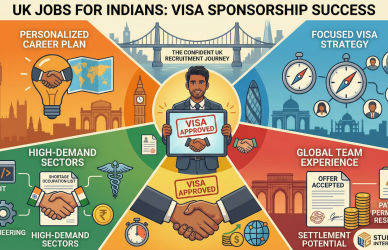 A high-quality blog thumbnail titled "UK JOBS FOR INDIANS: VISA SPONSORSHIP SUCCESS." The infographic features a central professional holding a digital tablet displaying "VISA APPROVED" with a handshake icon. The image is divided into four main color-coded quadrants: Top Left (Orange): Highlights "Personalized Career Plan" with icons of a lightbulb, handshake, and world map. Top Right (Blue): Shows "Focused Visa Strategy" featuring compasses and team network icons. Bottom Left (Green): Focuses on "High-Demand Sectors" like IT and Engineering, referencing the "Shortage Occupation List." Bottom Right (Red): Details "Global Team Experience" and "Settlement Potential," featuring icons for offer acceptance and a path to permanent residency. The design is framed by iconic landmarks including Big Ben, the Tower Bridge, and the India Gate, with the Study Tech International logo in the bottom corner.
