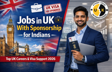 Alt text: Promotional thumbnail for Study Tech International showing “Jobs in UK With Sponsorship for Indians” in large white and yellow text over a dark blue background. The left side features Big Ben, Tower Bridge, a UK visa sponsored stamp, and briefcase icons. The right side shows a smiling young Indian professional in a grey suit holding a laptop and passport in an office setting, with career growth, jobs, visa, and airplane icons in the background. The Study Tech International logo appears in the top-right corner, and a red banner at the bottom reads “Top UK Careers & Visa Support 2026”.