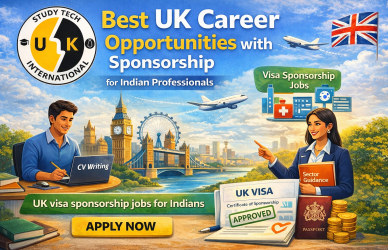 A promotional banner for Study Tech International highlighting “Best UK Career Opportunities with Sponsorship for Indian Professionals.” The image shows the Study Tech International logo, a young man working on CV writing, and a woman providing sector guidance. Behind them are London landmarks including Big Ben, Tower Bridge, and the London Eye, along with airplanes and a UK flag. A green banner promotes “Visa Sponsorship Jobs,” while a UK visa certificate, approved stamp, passport, and coins appear at the bottom. The graphic includes the text “UK visa sponsorship jobs for Indians” and a large yellow “Apply Now” button.