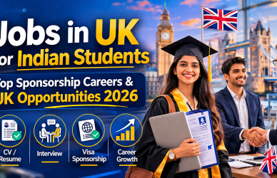 Blog thumbnail showing a smiling Indian female graduate holding a laptop and CV in front of London landmarks including Big Ben and Tower Bridge, while an Indian student in business attire shakes hands with a UK employer. Large headline text reads “Jobs in UK for Indian Students” with the subtitle “Top Sponsorship Careers & UK Opportunities 2026,” alongside icons for CV/Resume, Interview, Visa Sponsorship, and Career Growth.