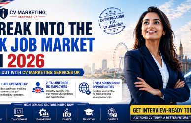 Professional woman in London with Big Ben promoting cv marketing services uk for UK jobs 2026