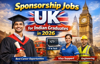 Thumbnail showing an Indian graduate, UK flag, Big Ben, and career icons for IT, healthcare, and engineering with text about UK sponsorship jobs for Indian graduates in 2026.