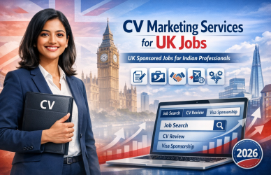Professional blog thumbnail showing an Indian woman in business attire holding a CV folder, with London landmarks in the background and the text “CV Marketing Services for UK Jobs.” The image highlights UK sponsored jobs for Indian professionals in 2026, featuring icons for CV writing, job search, interview support, and visa sponsorship beside a laptop screen displaying job search and CV review services.