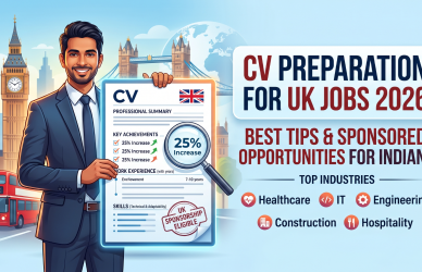 A professional, vibrant blog thumbnail titled "CV PREPARATION FOR UK JOBS 2026: BEST TIPS & SPONSORED OPPORTUNITIES FOR INDIANS." On the left, a smiling Indian professional in a sharp navy suit stands before iconic London landmarks like Big Ben and a red double-decker bus. He holds a large, glow-edged CV document featuring a British flag, a "UK SPONSORSHIP ELIGIBLE" stamp, and a magnifying glass highlighting a "25% Increase" achievement. The right side lists "TOP INDUSTRIES" with clean icons for Healthcare, IT, Engineering, Construction, and Hospitality. The design is modern and optimistic, using a bright palette of blue, red, and white.