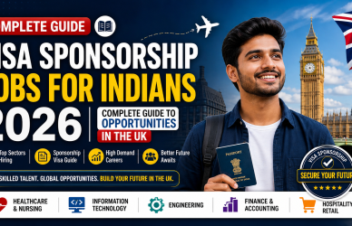 Complete guide to visa sponsorship jobs for Indians 2026 featuring a young professional holding a passport with London Big Ben and UK flag, highlighting UK job opportunities, top hiring sectors, and career growth benefits